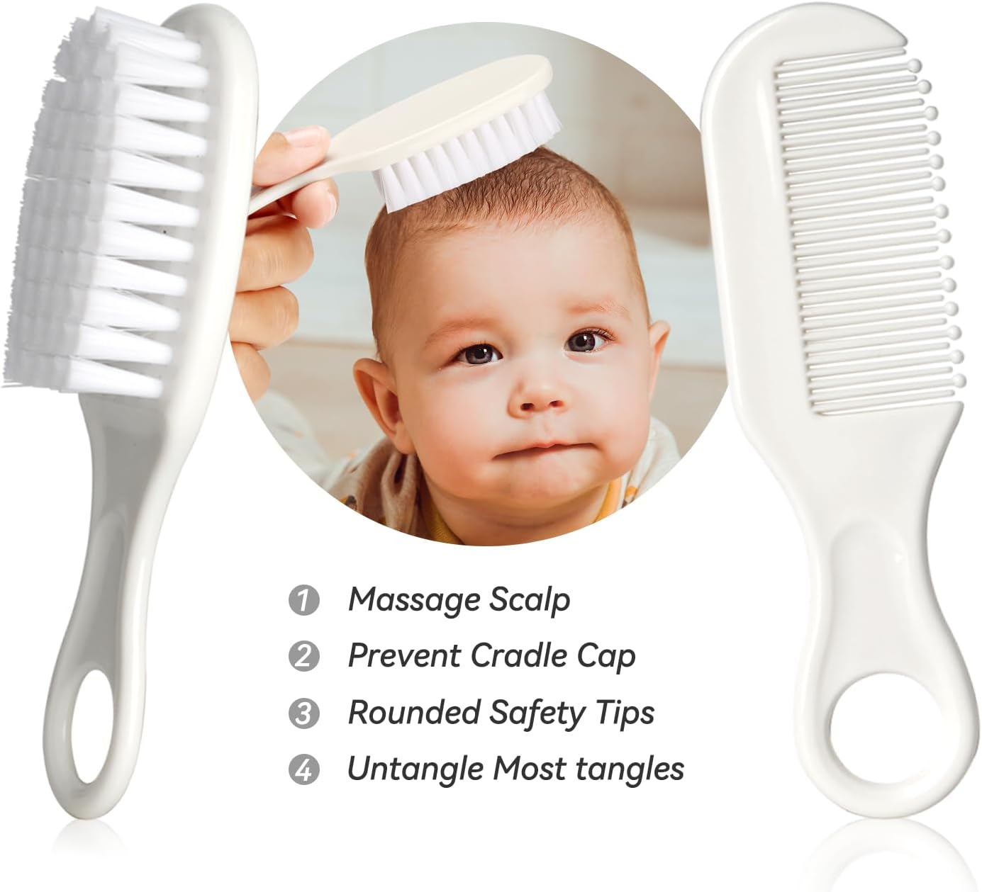 Baby Grooming Kit for Newborns in grey and white, including a baby hair brush, comb, nail clipper, and nasal aspirator for infant care.
