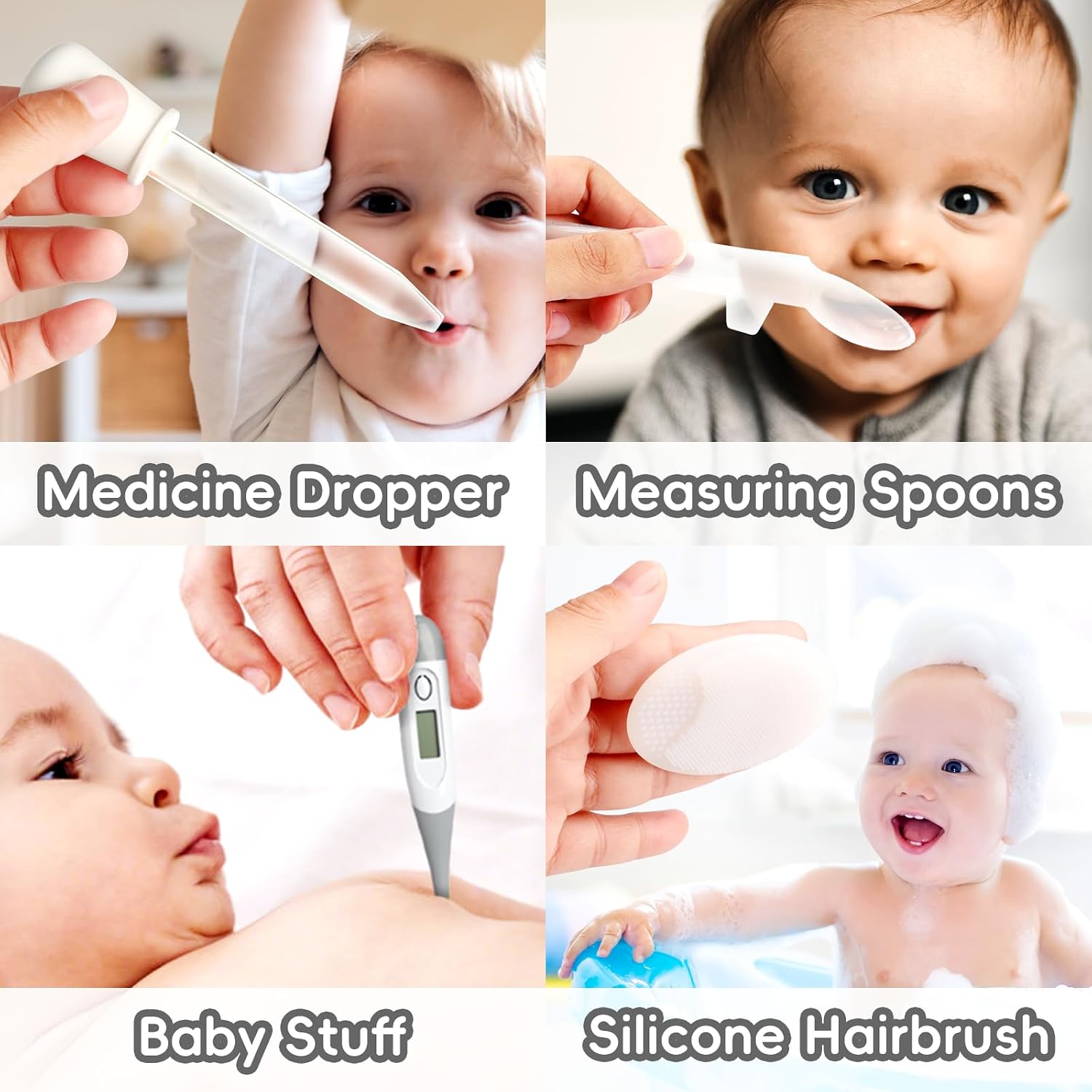 Baby Grooming Kit for Newborns in grey and white, including a baby hair brush, comb, nail clipper, and nasal aspirator for infant care.
