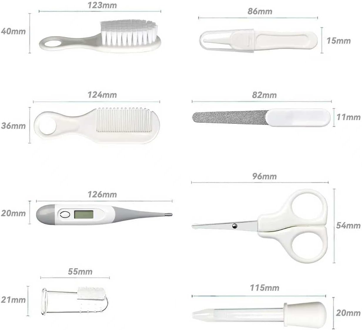 Baby Grooming Kit for Newborns in grey and white, including a baby hair brush, comb, nail clipper, and nasal aspirator for infant care.
