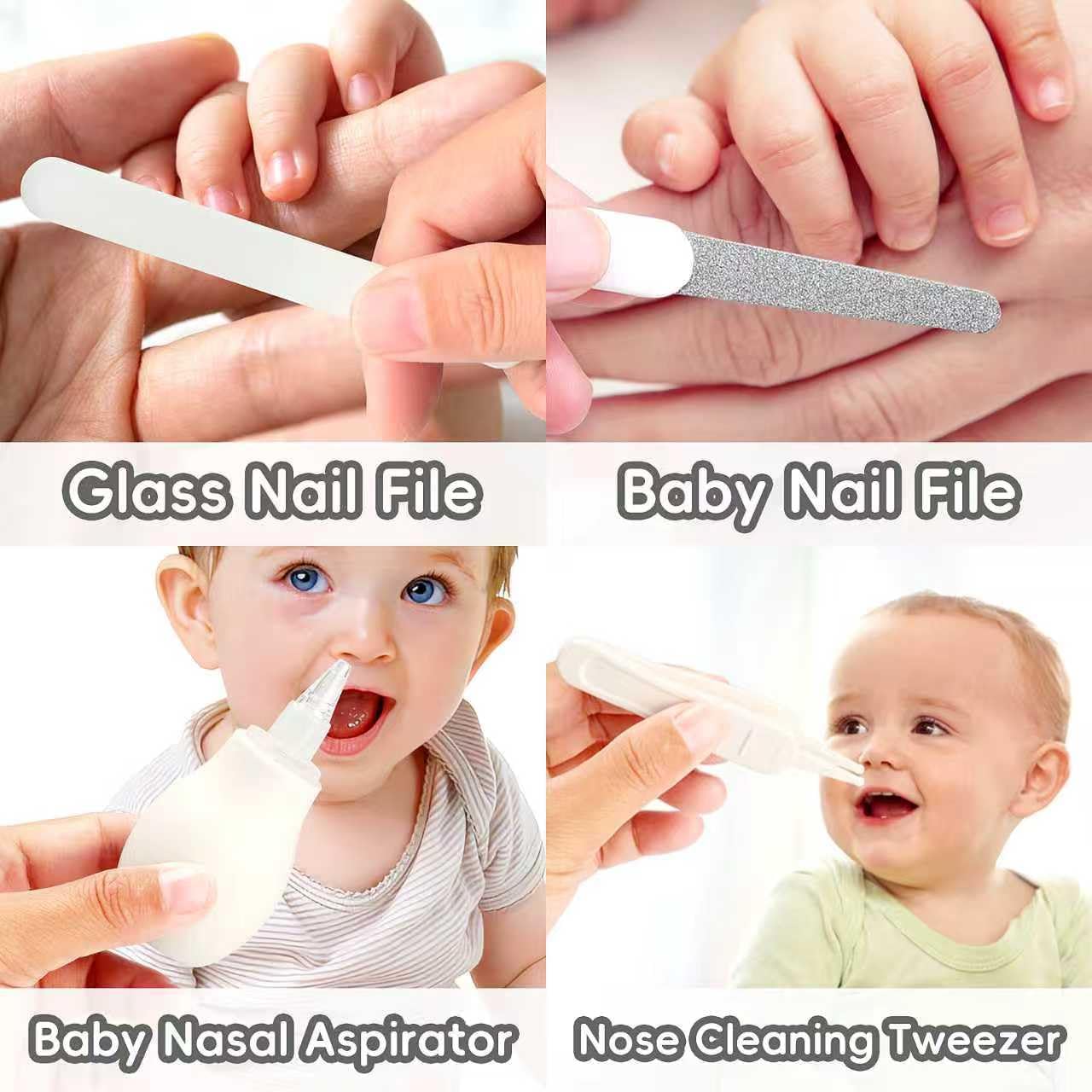 Baby Grooming Kit for Newborns in grey and white, including a baby hair brush, comb, nail clipper, and nasal aspirator for infant care.
