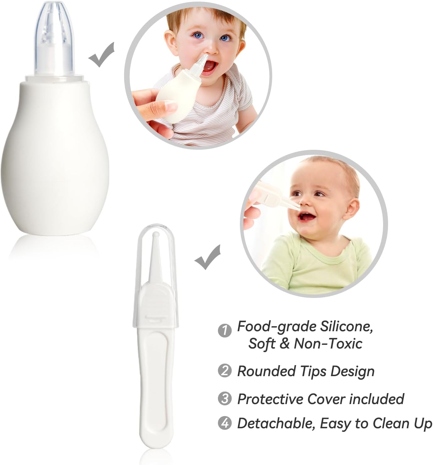 Baby Grooming Kit for Newborns in grey and white, including a baby hair brush, comb, nail clipper, and nasal aspirator for infant care.
