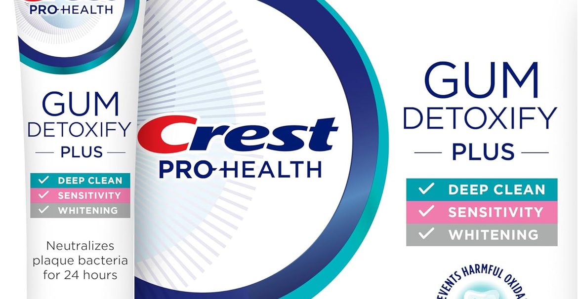 Crest Pro-Health Gum Detoxify Plus Toothpaste, three 4.5 oz tubes of fluoride toothpaste for gum care, sensitivity protection, whitening, anticavity protection, and plaque control.