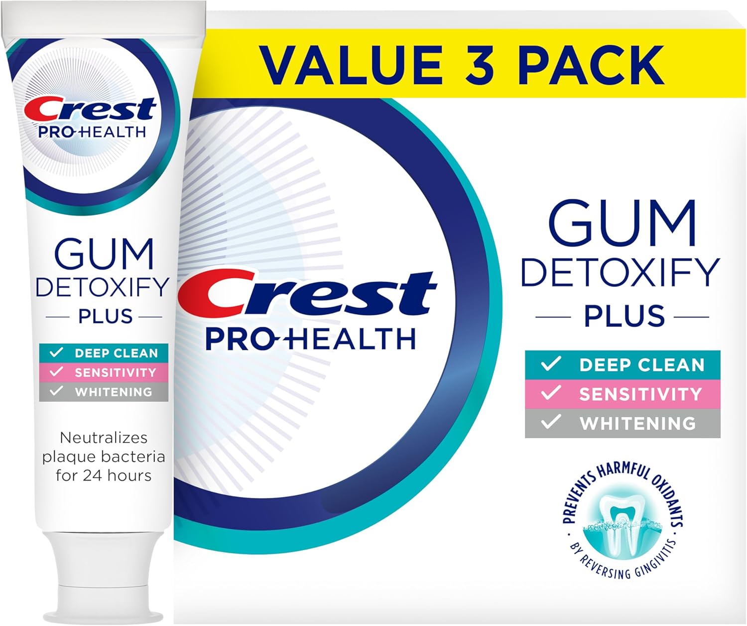 Crest Pro-Health Gum Detoxify Plus Toothpaste, three 4.5 oz tubes of fluoride toothpaste for gum care, sensitivity protection, whitening, anticavity protection, and plaque control.