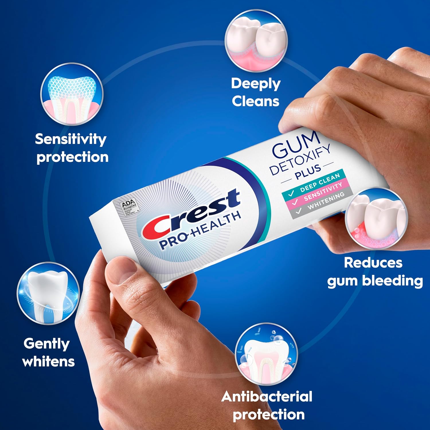 Crest Pro-Health Gum Detoxify Plus Toothpaste, three 4.5 oz tubes of fluoride toothpaste for gum care, sensitivity protection, whitening, anticavity protection, and plaque control.
