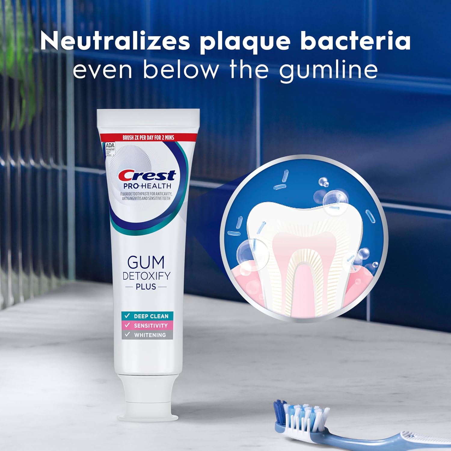 Crest Pro-Health Gum Detoxify Plus Toothpaste, three 4.5 oz tubes of fluoride toothpaste for gum care, sensitivity protection, whitening, anticavity protection, and plaque control.
