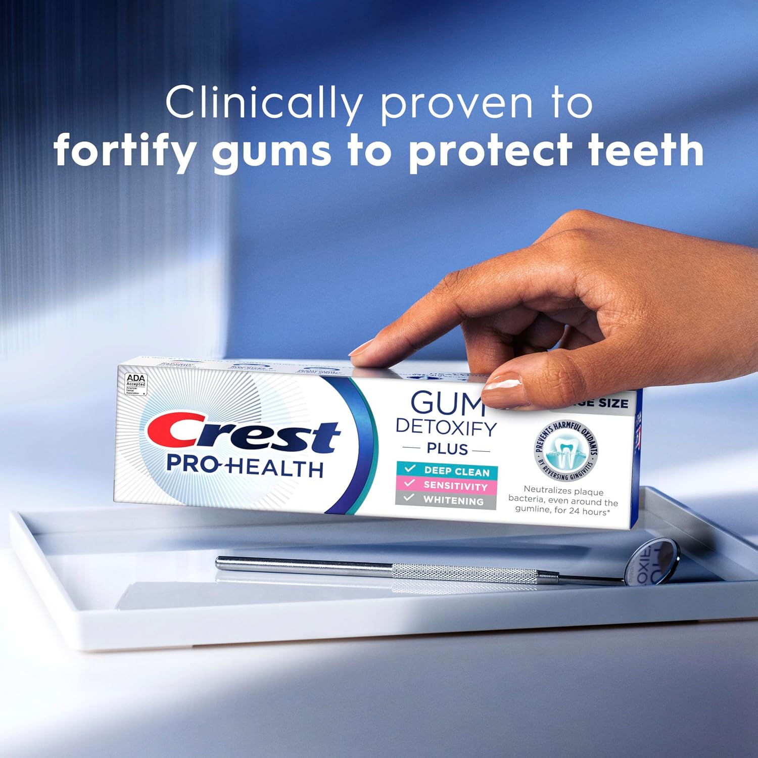 Crest Pro-Health Gum Detoxify Plus Toothpaste, three 4.5 oz tubes of fluoride toothpaste for gum care, sensitivity protection, whitening, anticavity protection, and plaque control.
