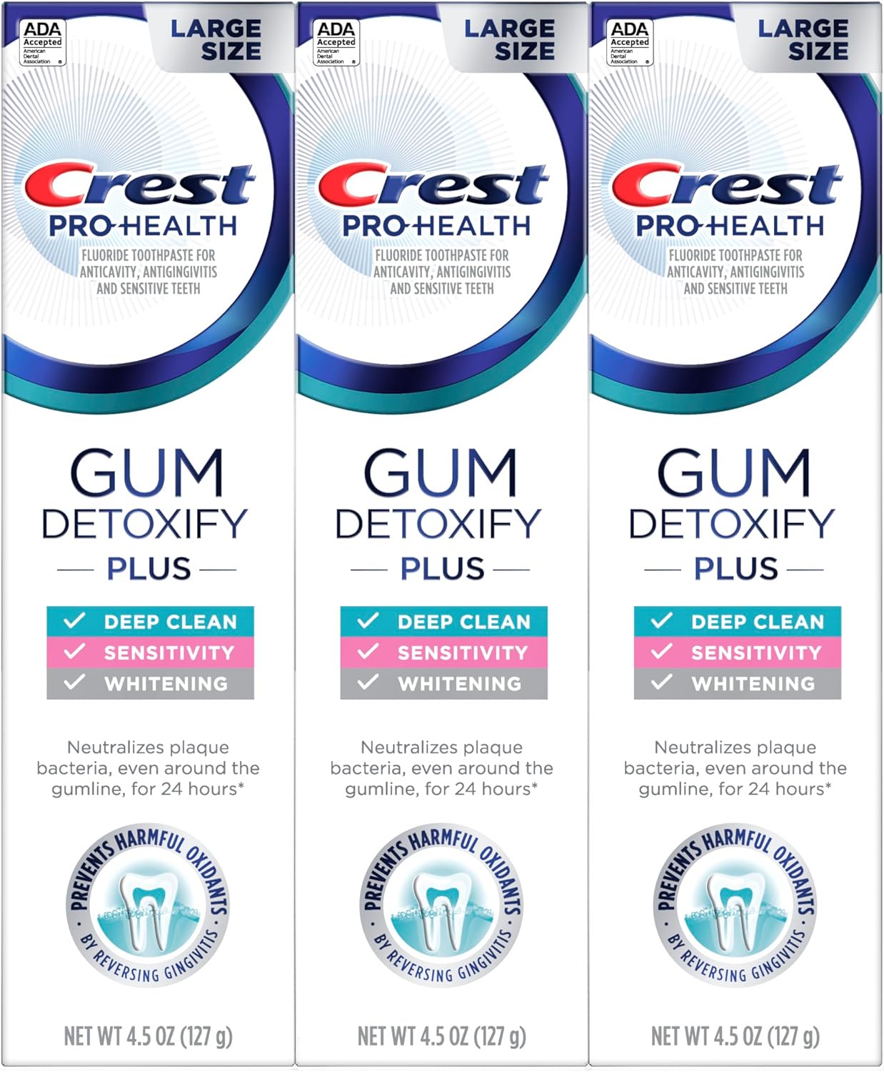 Crest Pro-Health Gum Detoxify Plus Toothpaste, three 4.5 oz tubes of fluoride toothpaste for gum care, sensitivity protection, whitening, anticavity protection, and plaque control.
