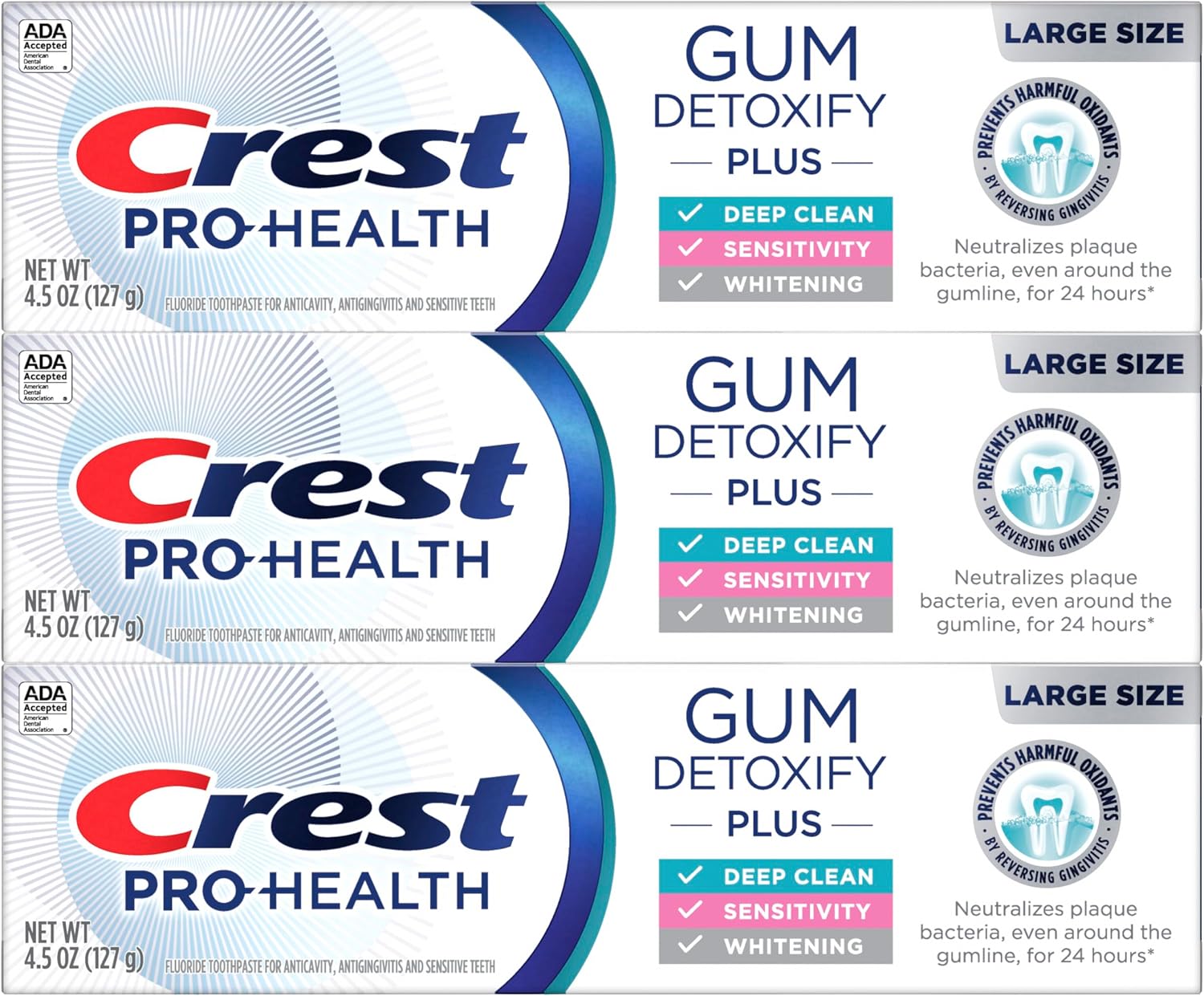 Crest Pro-Health Gum Detoxify Plus Toothpaste, three 4.5 oz tubes of fluoride toothpaste for gum care, sensitivity protection, whitening, anticavity protection, and plaque control.
