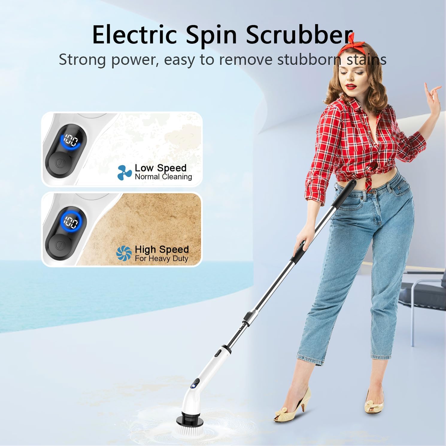 Electric spin scrubber cordless cleaning brush for bathroom, shower, bathtub, tiles, and household cleaning.
