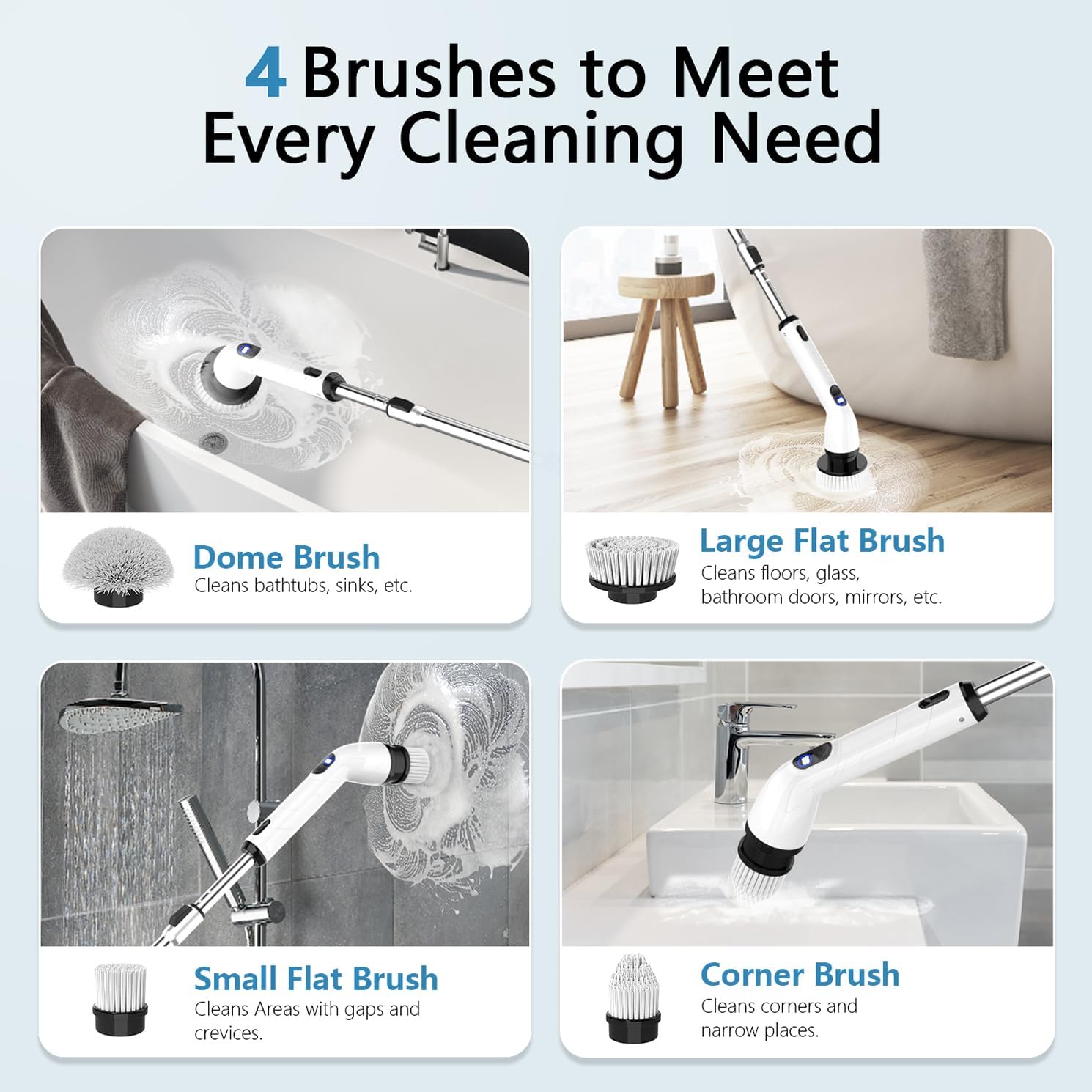 Electric spin scrubber cordless cleaning brush for bathroom, shower, bathtub, tiles, and household cleaning.
