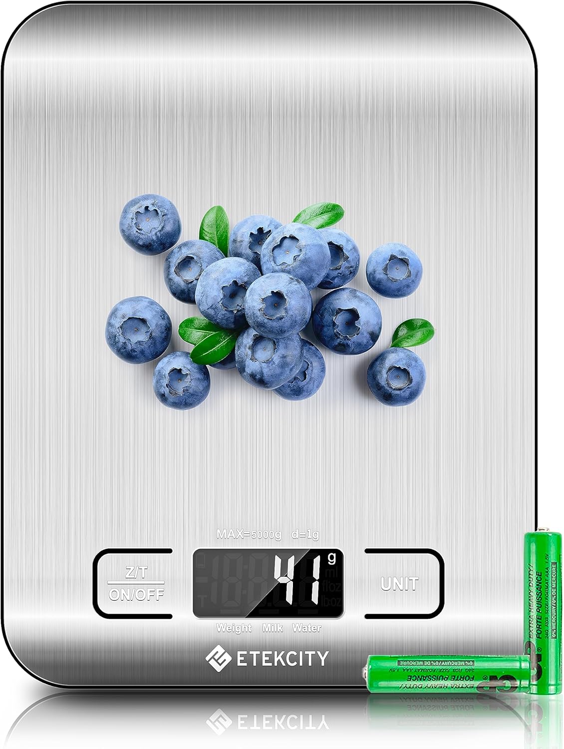 Etekcity digital food kitchen scale for measuring ingredients in grams and ounces with an 11 lb capacity.