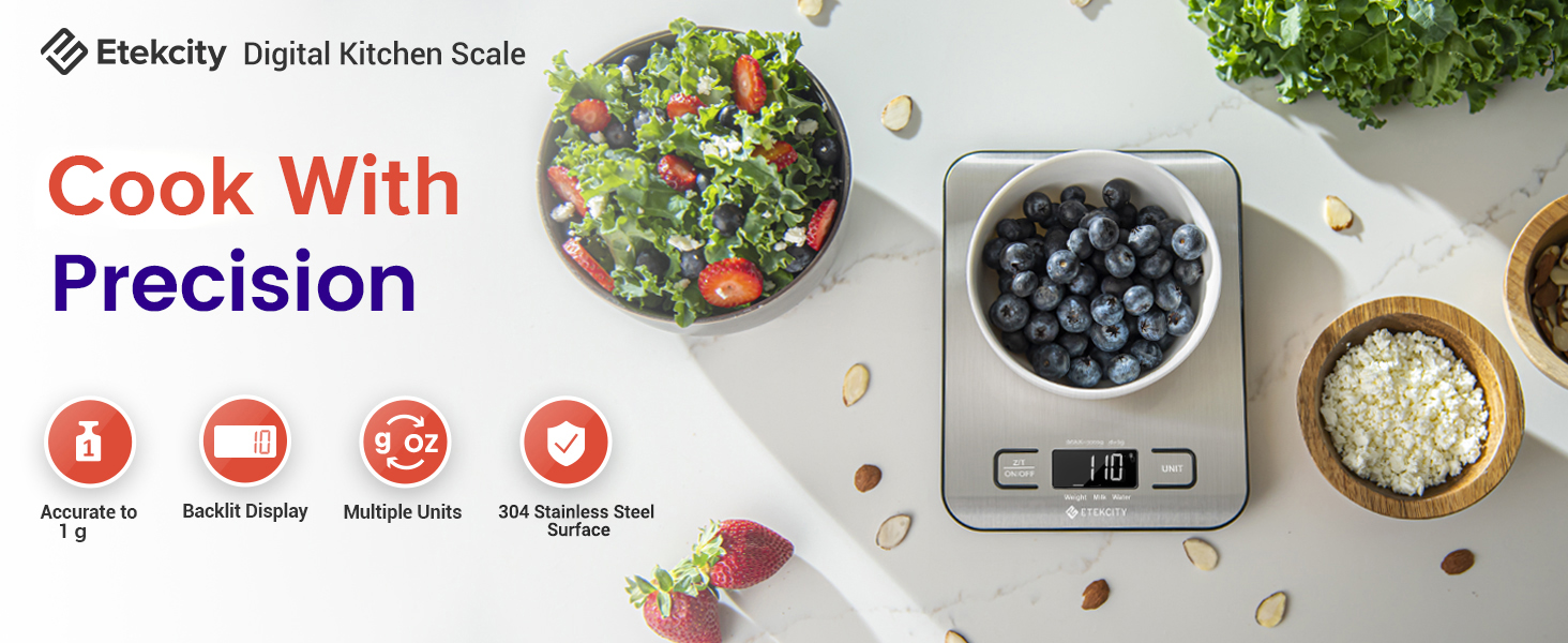 Etekcity digital food kitchen scale for measuring ingredients in grams and ounces with an 11 lb capacity.
