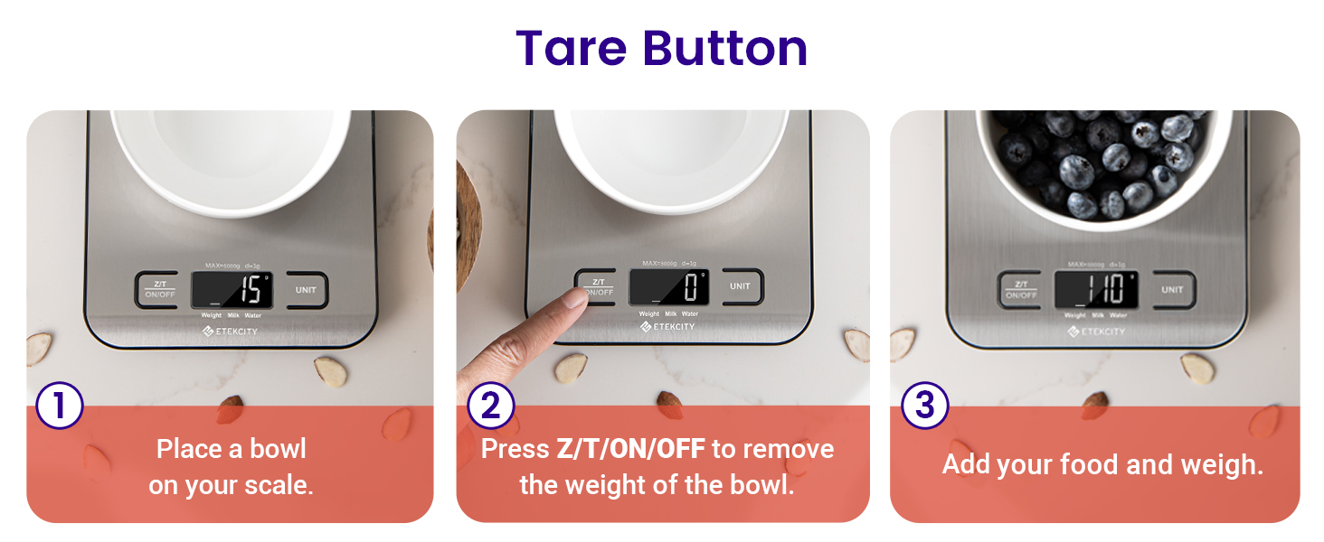 Etekcity digital food kitchen scale for measuring ingredients in grams and ounces with an 11 lb capacity.
