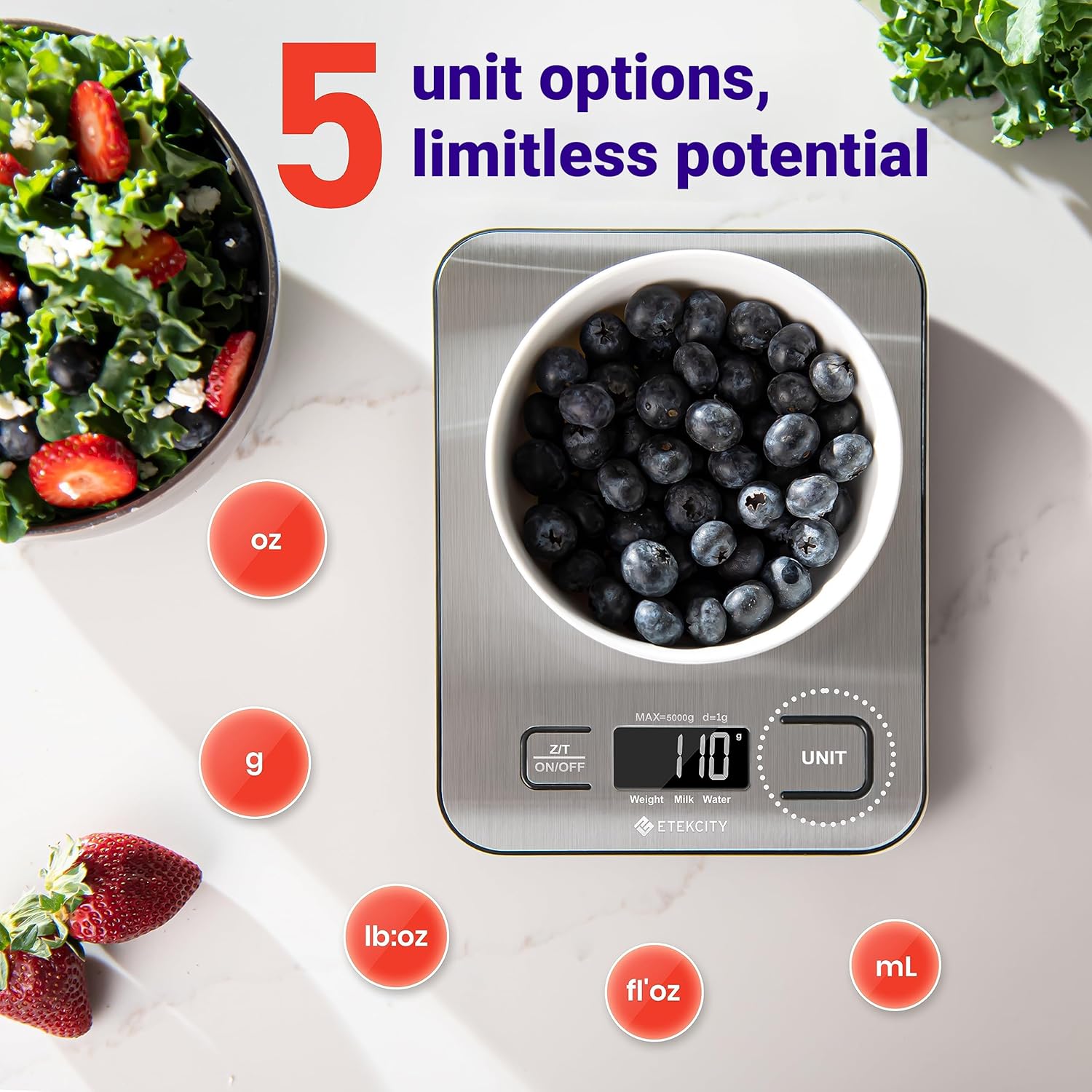 Etekcity digital food kitchen scale for measuring ingredients in grams and ounces with an 11 lb capacity.
