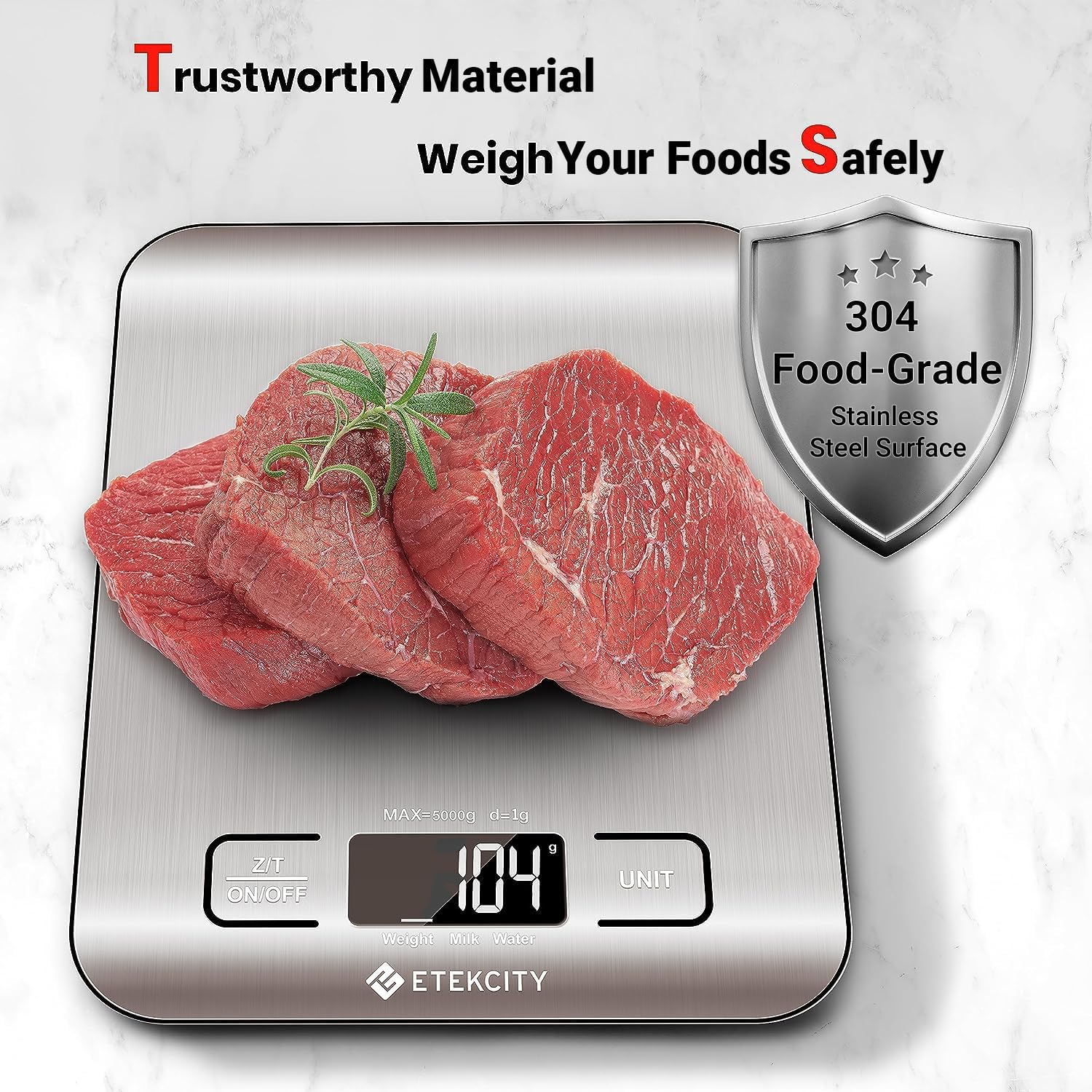 Etekcity digital food kitchen scale for measuring ingredients in grams and ounces with an 11 lb capacity.
