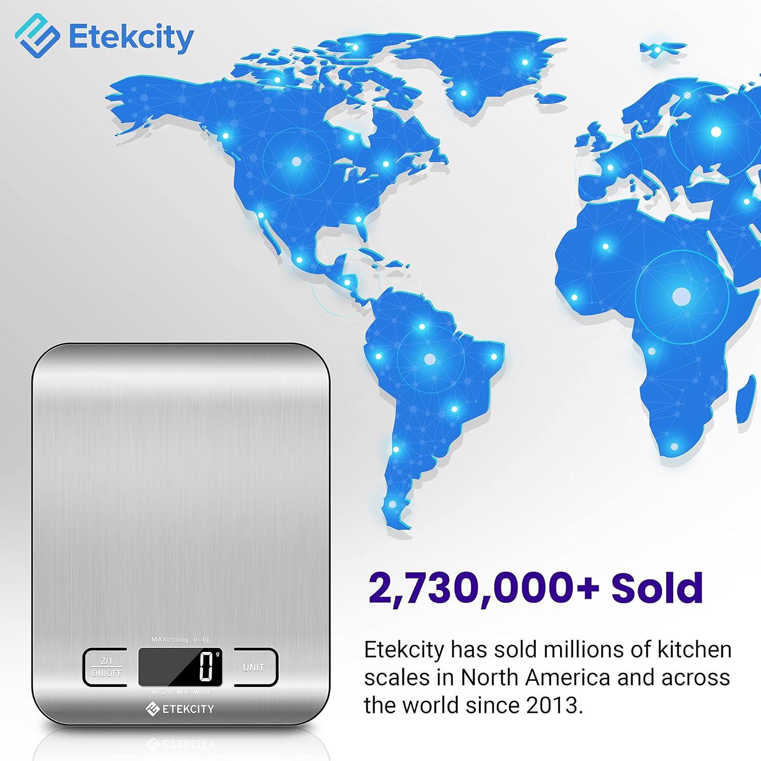 Etekcity digital food kitchen scale for measuring ingredients in grams and ounces with an 11 lb capacity.
