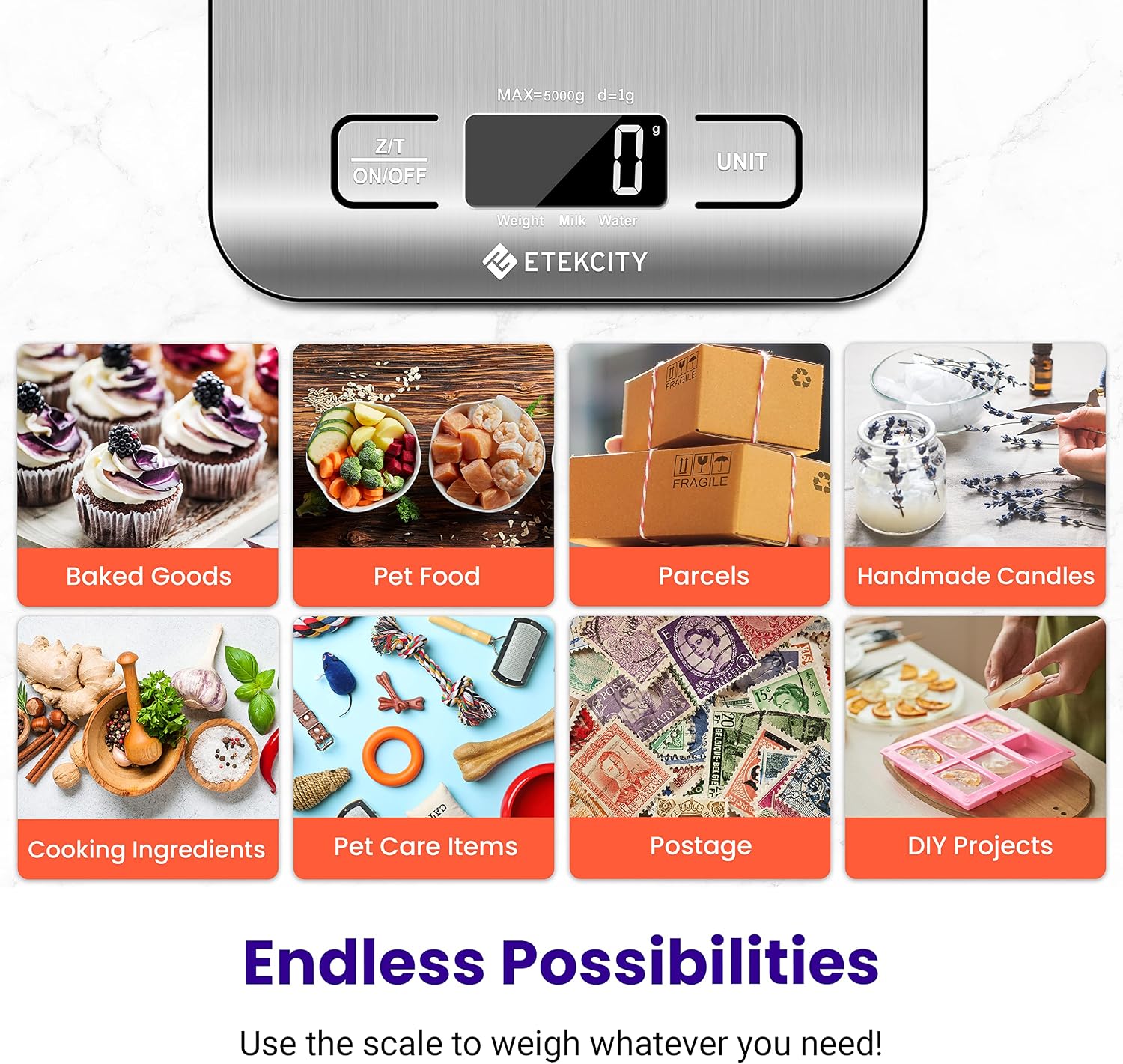Etekcity digital food kitchen scale for measuring ingredients in grams and ounces with an 11 lb capacity.
