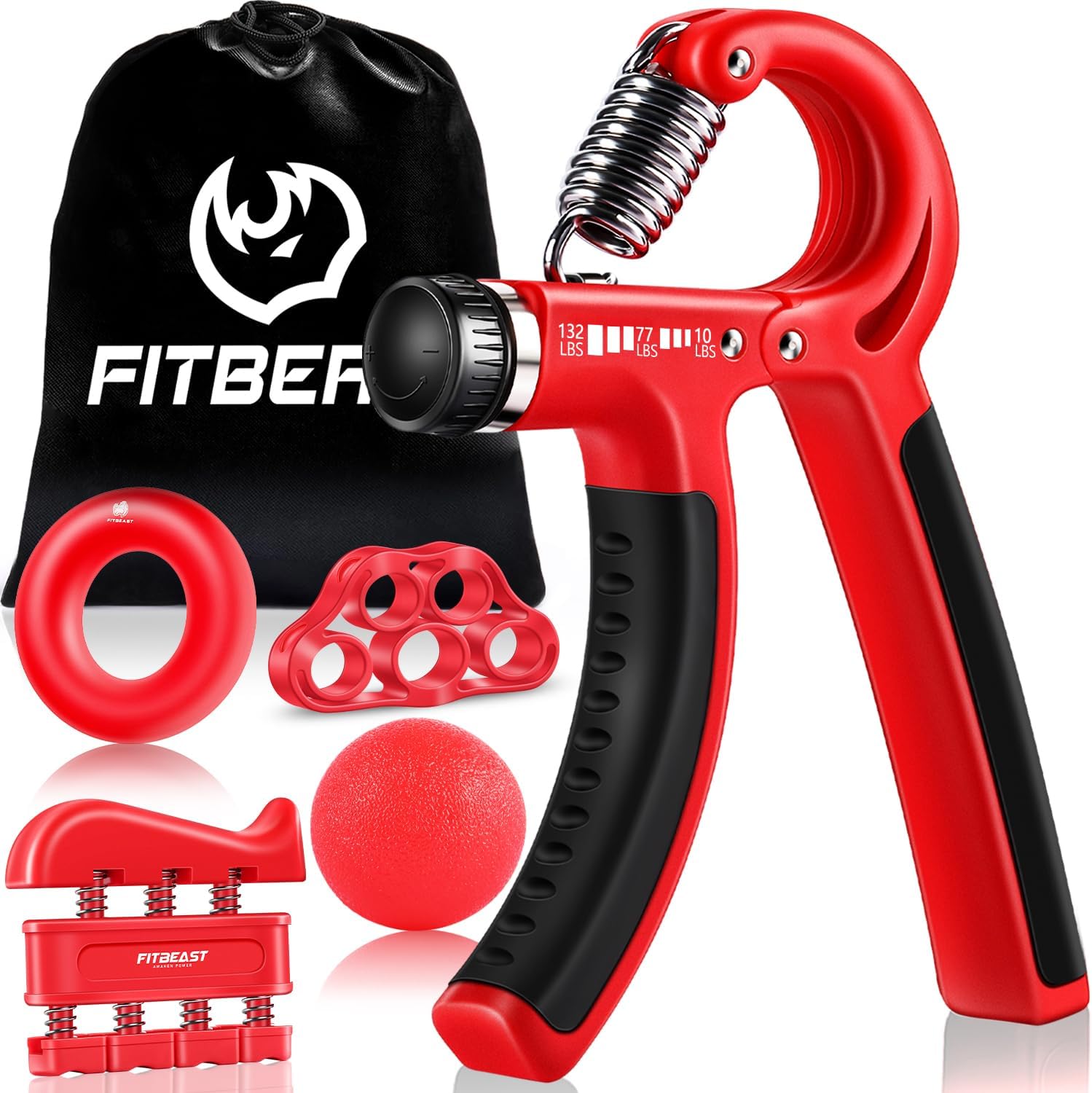 FitBeast grip strengthener and forearm exercise kit with five pieces and adjustable resistance for hand grip training.