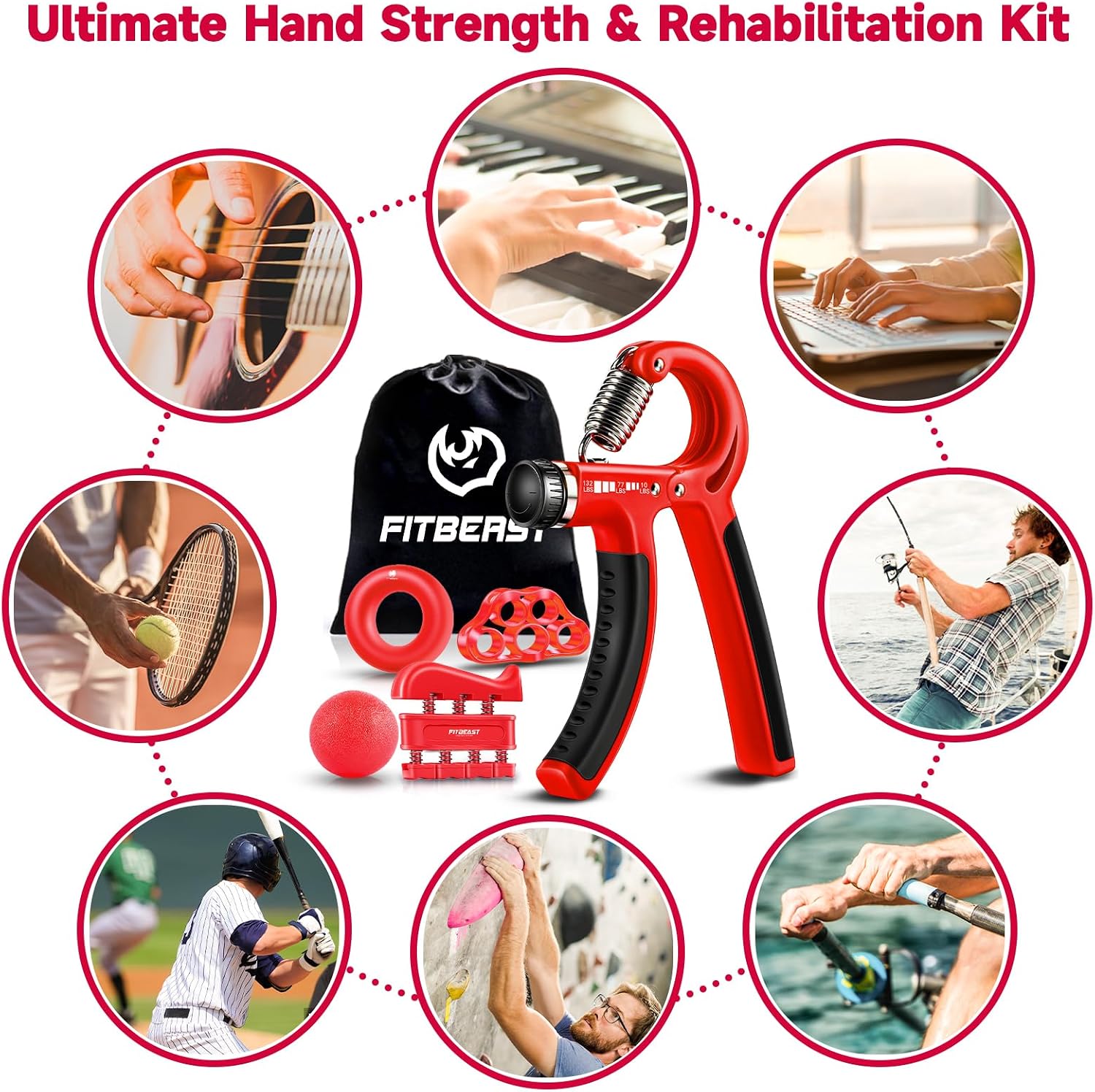 FitBeast grip strengthener and forearm exercise kit with five pieces and adjustable resistance for hand grip training.
