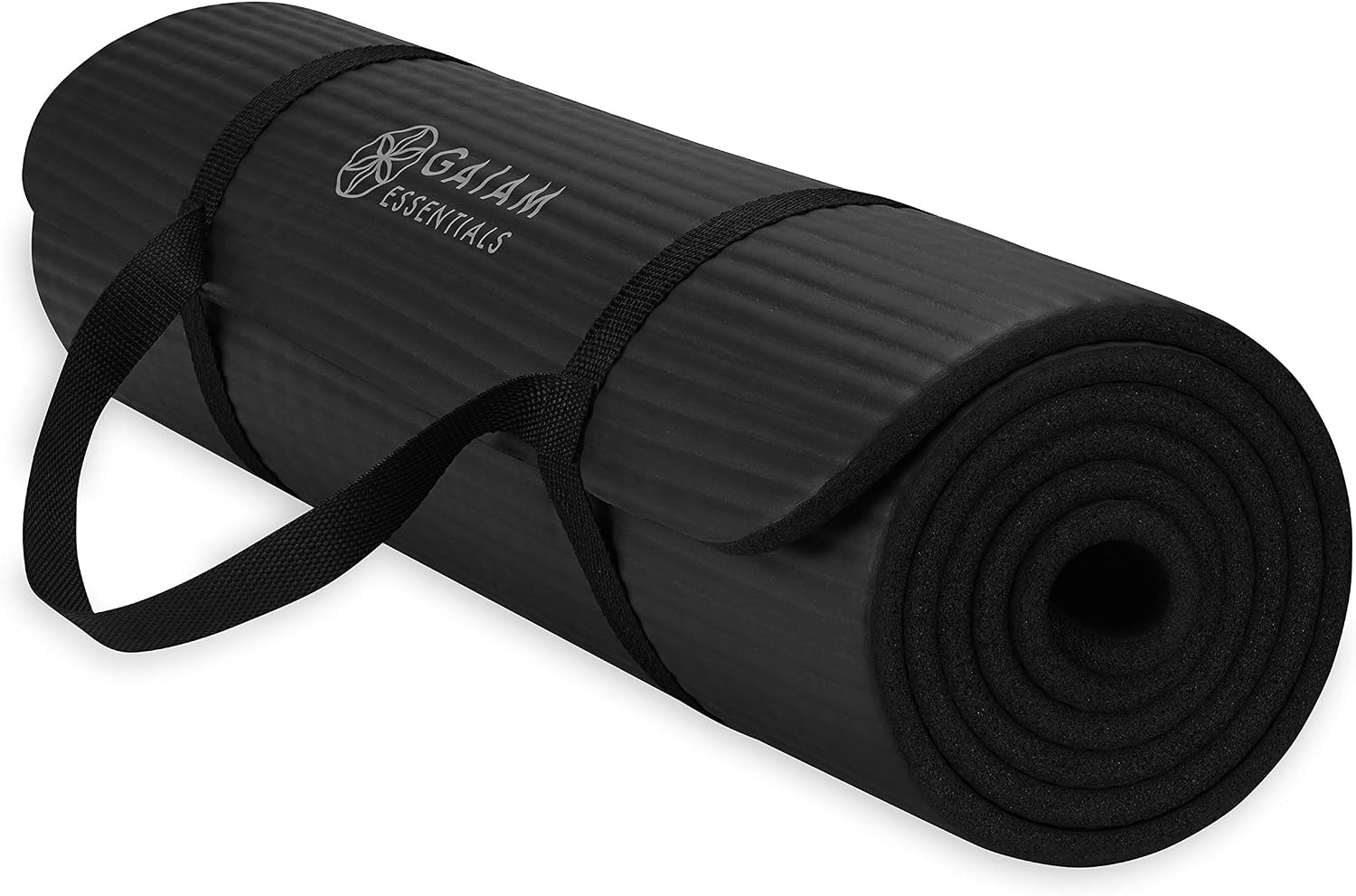 Gaiam thick yoga mat for exercise, yoga, stretching, and fitness with an easy-cinch carrying strap.
