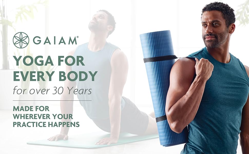 Gaiam thick yoga mat for exercise, yoga, stretching, and fitness with an easy-cinch carrying strap.
