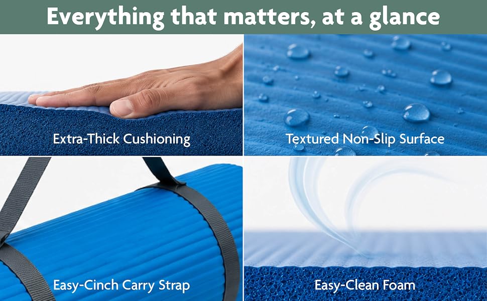 Gaiam thick yoga mat for exercise, yoga, stretching, and fitness with an easy-cinch carrying strap.
