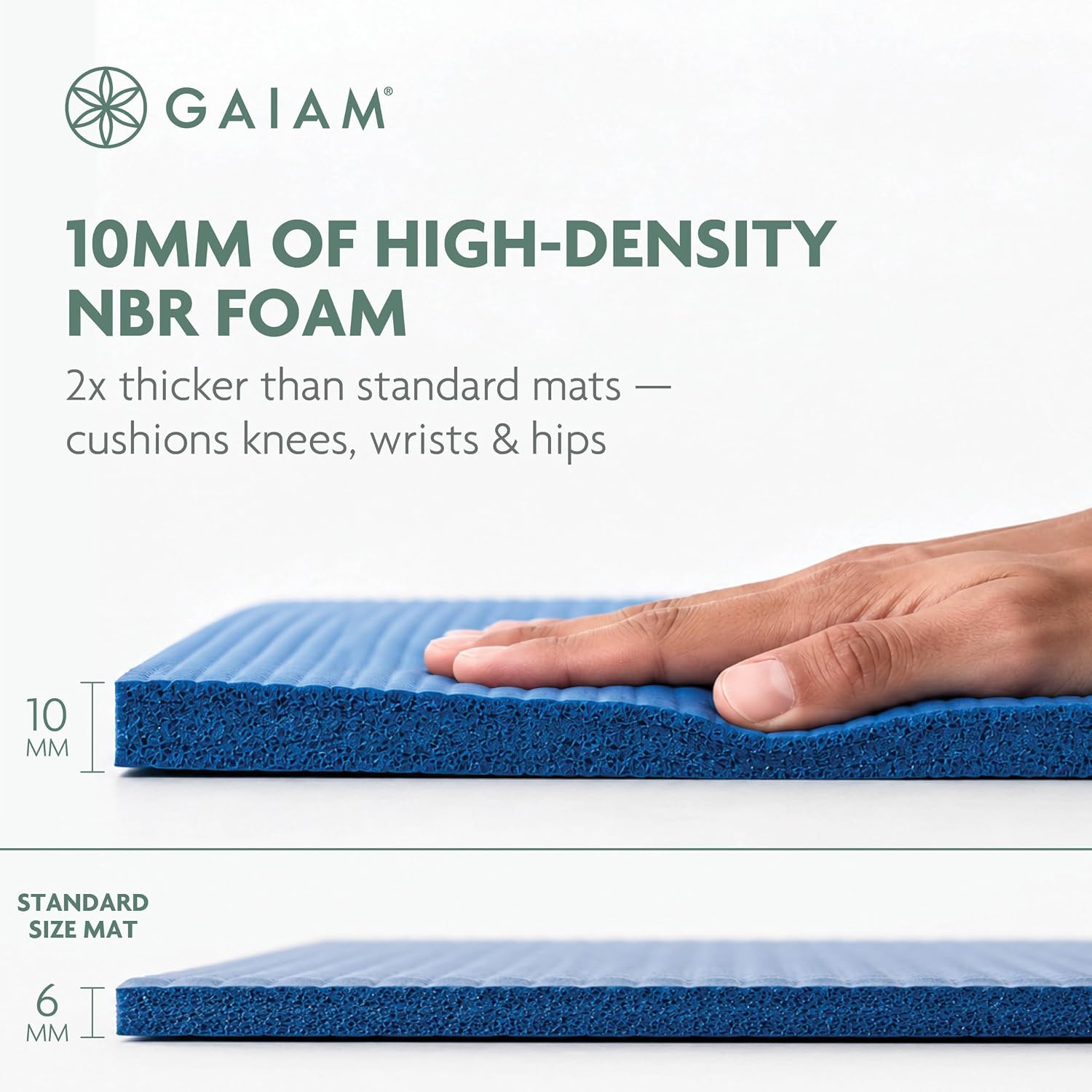 Gaiam thick yoga mat for exercise, yoga, stretching, and fitness with an easy-cinch carrying strap.
