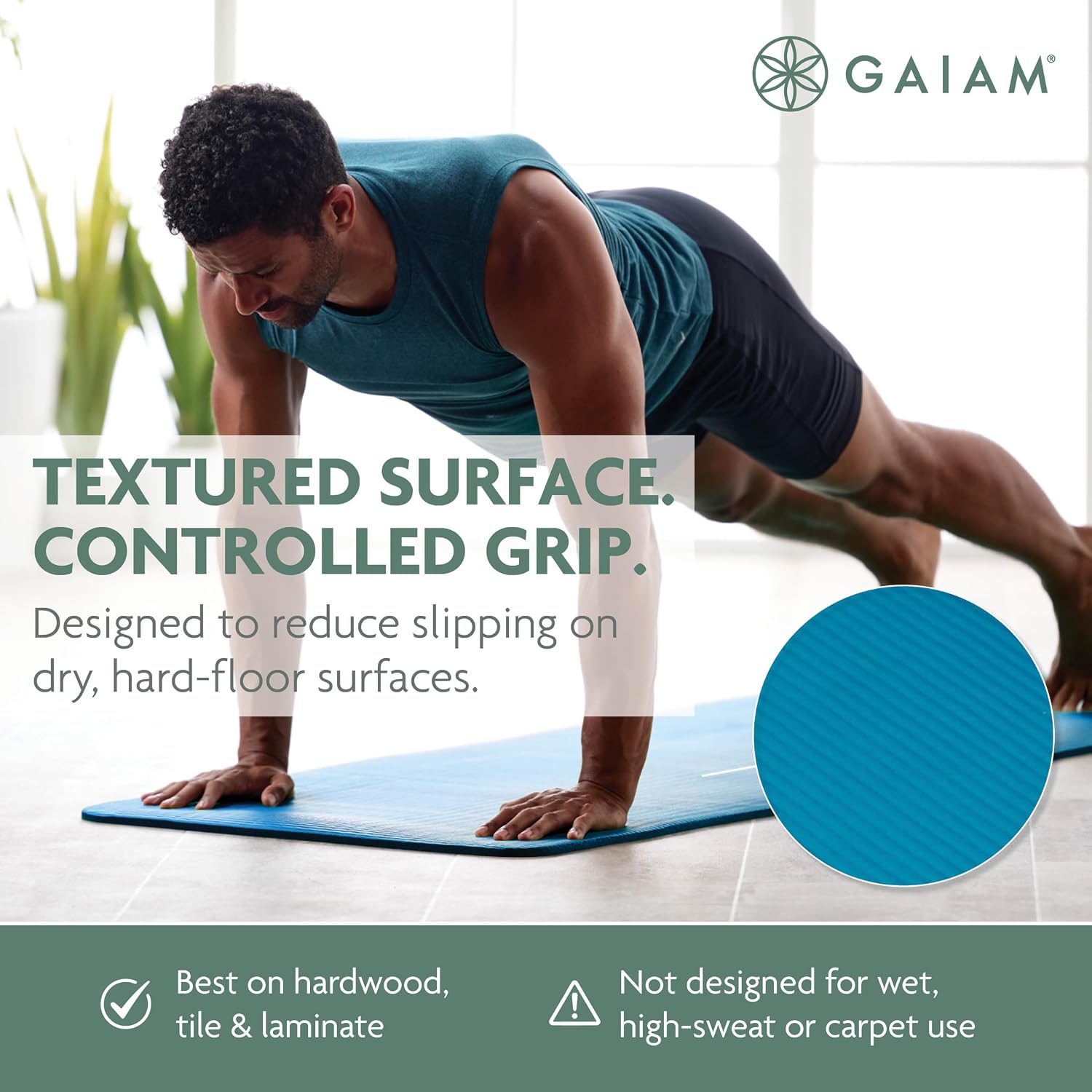 Gaiam thick yoga mat for exercise, yoga, stretching, and fitness with an easy-cinch carrying strap.
