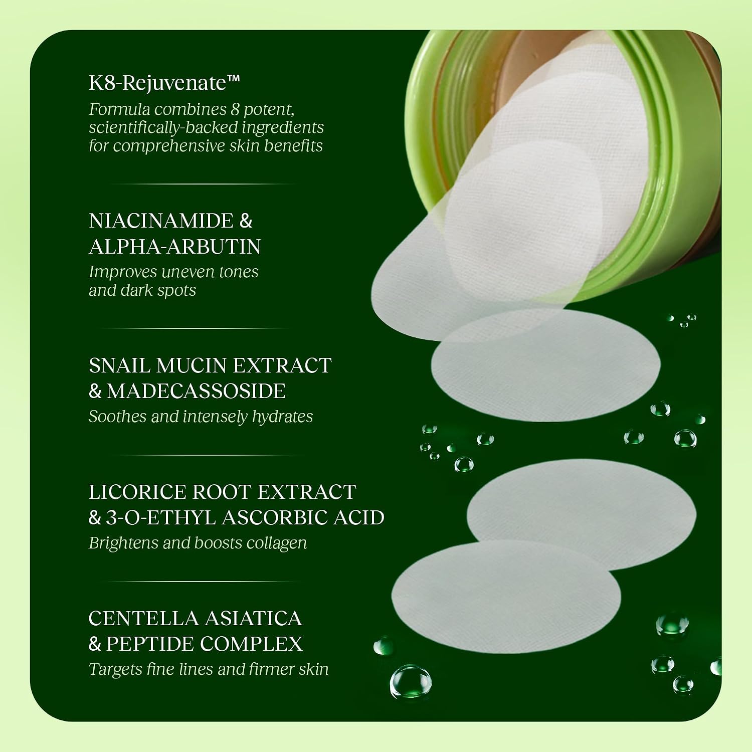 JIYU Korean skincare toner pads with snail mucin, niacinamide, peptides, and Centella, 100-count facial treatment for hydrated-looking skin.
