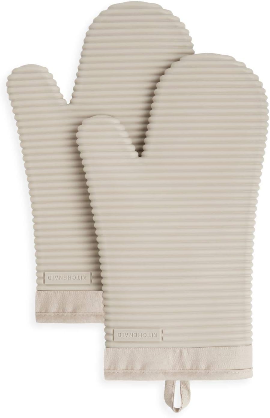 KitchenAid ribbed soft silicone oven mitt 2-pack set in Milkshake Tan, measuring 7.5 x 13 inches.