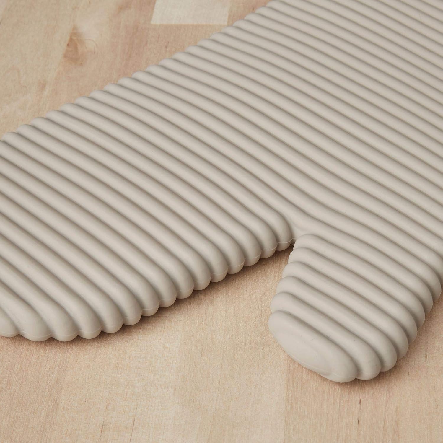 KitchenAid ribbed soft silicone oven mitt 2-pack set in Milkshake Tan, measuring 7.5 x 13 inches.
