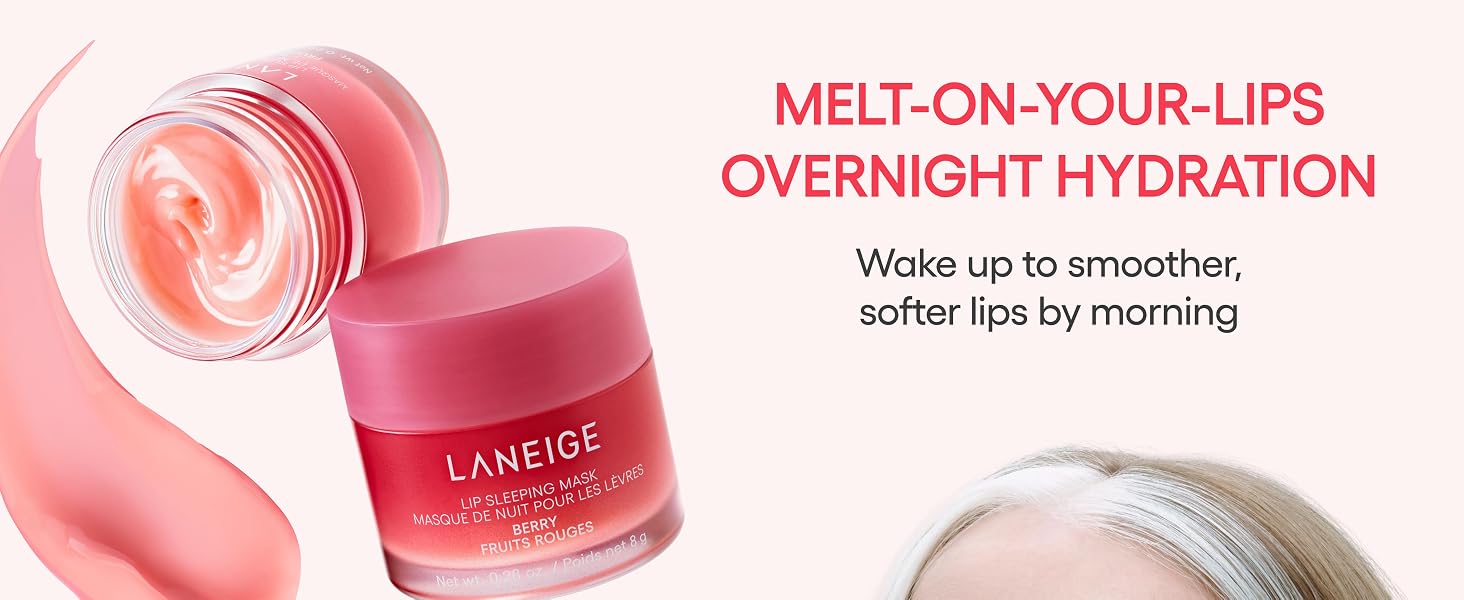 LANEIGE Lip Sleeping Mask with vitamin C, murumuru butter, and shea butter for overnight hydration and care for dry lips.
