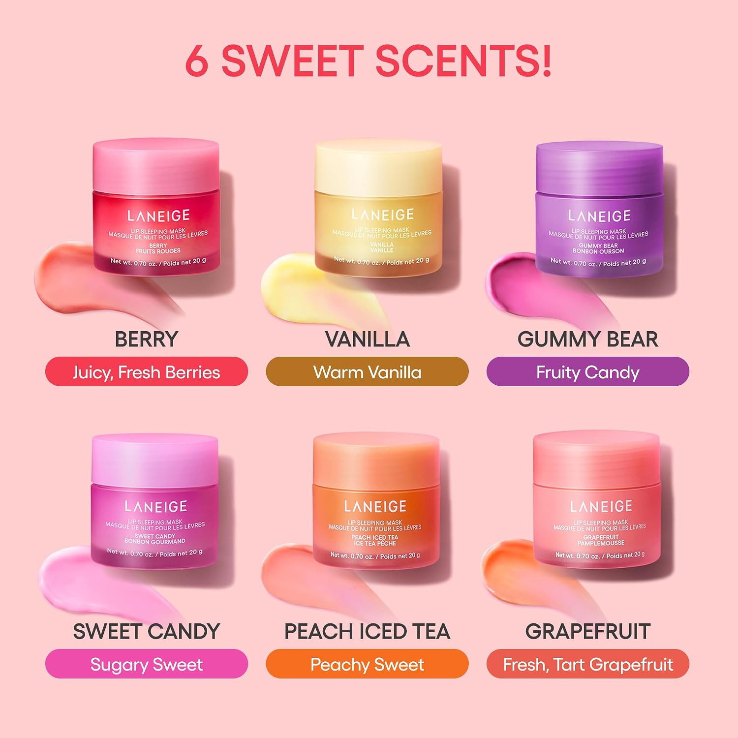 LANEIGE Lip Sleeping Mask with vitamin C, murumuru butter, and shea butter for overnight hydration and care for dry lips.
