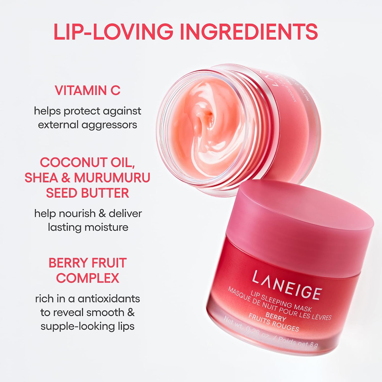 LANEIGE Lip Sleeping Mask with vitamin C, murumuru butter, and shea butter for overnight hydration and care for dry lips.
