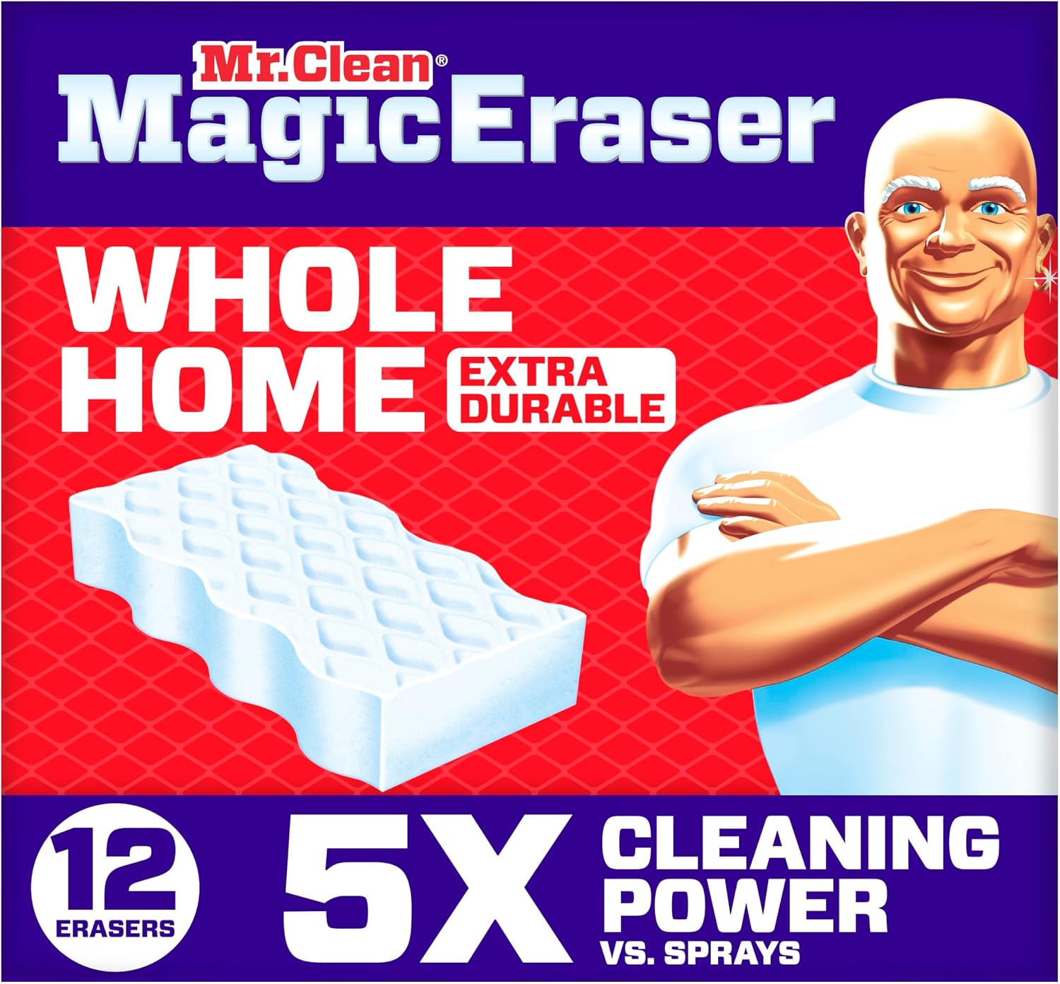 Mr. Clean Magic Eraser Extra Durable 12-count pack of melamine cleaning pads for compatible wall, kitchen, bathroom, shower, and sneaker cleaning tasks.
