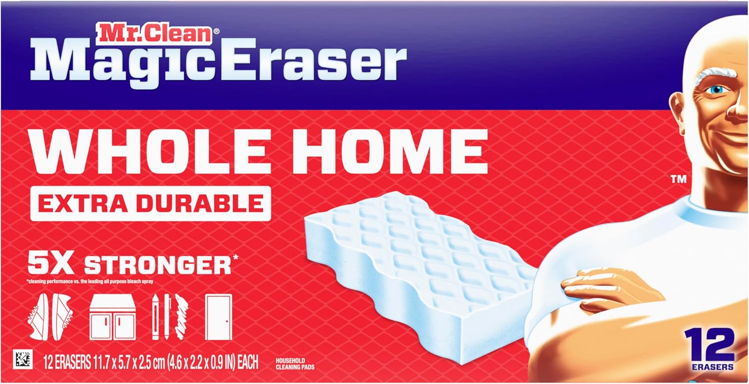 Mr. Clean Magic Eraser Extra Durable 12-count pack of melamine cleaning pads for compatible wall, kitchen, bathroom, shower, and sneaker cleaning tasks.
