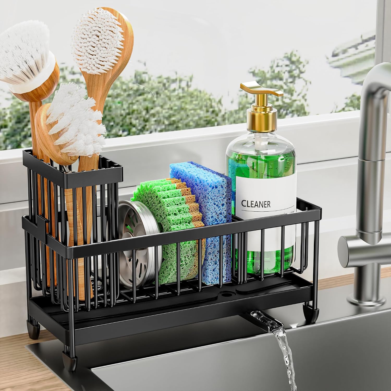 Sponge holder for kitchen sink with brush holder to organize dishwashing sponges and cleaning brushes.
