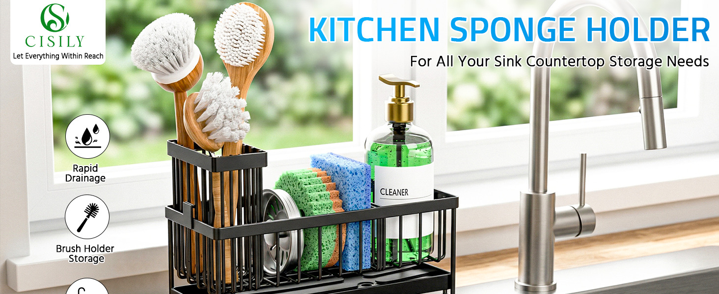 Sponge holder for kitchen sink with brush holder to organize dishwashing sponges and cleaning brushes.
