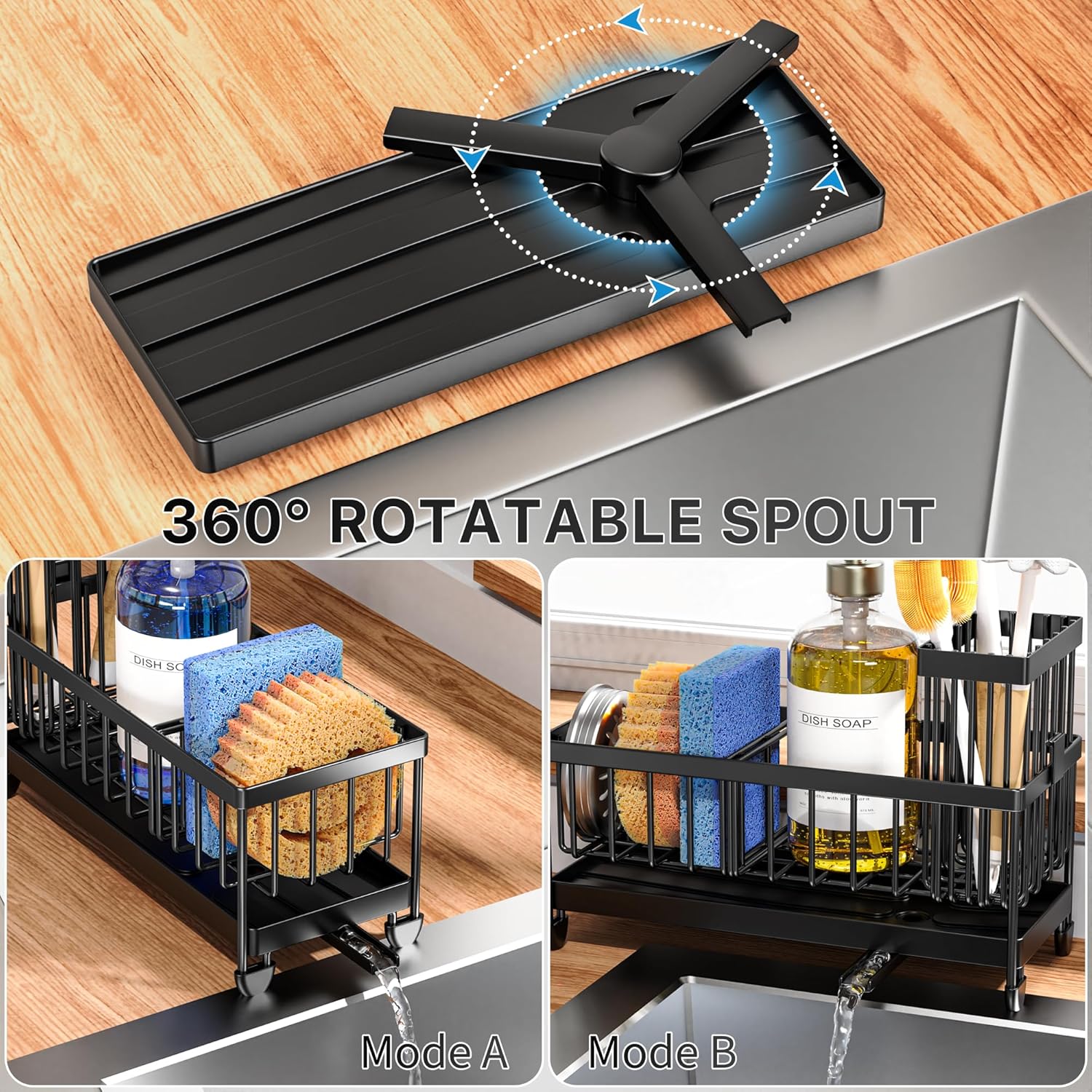 Sponge holder for kitchen sink with brush holder to organize dishwashing sponges and cleaning brushes.
