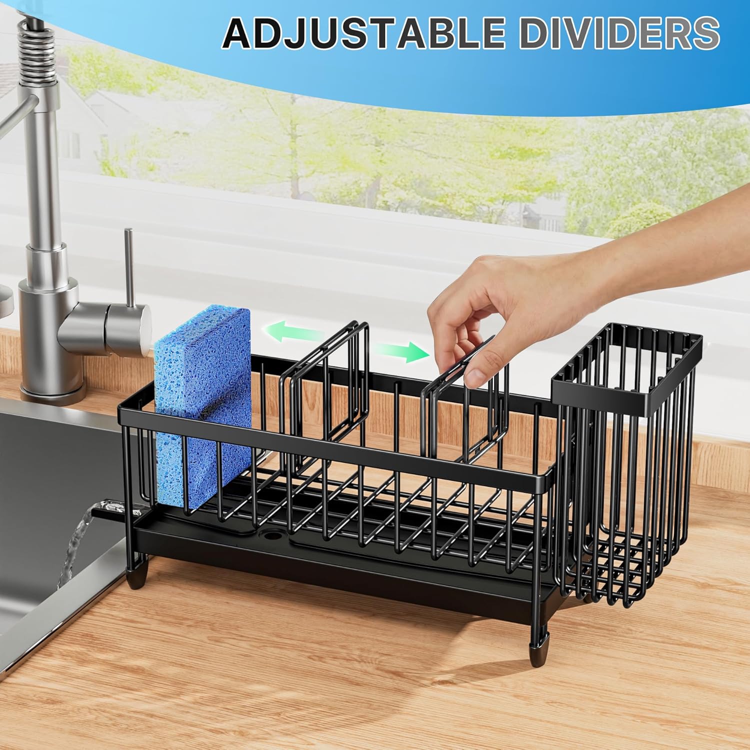 Sponge holder for kitchen sink with brush holder to organize dishwashing sponges and cleaning brushes.
