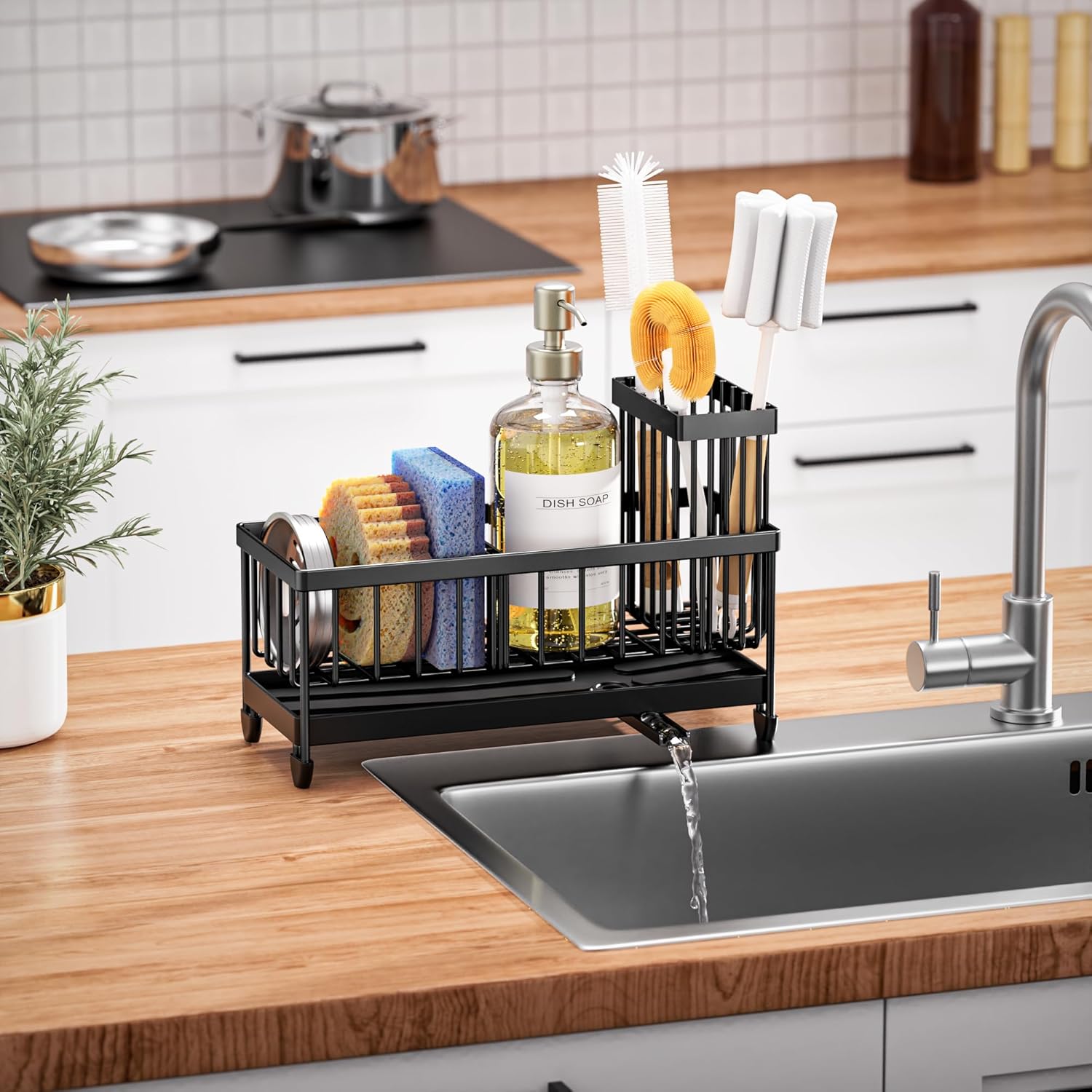 Sponge holder for kitchen sink with brush holder to organize dishwashing sponges and cleaning brushes.
