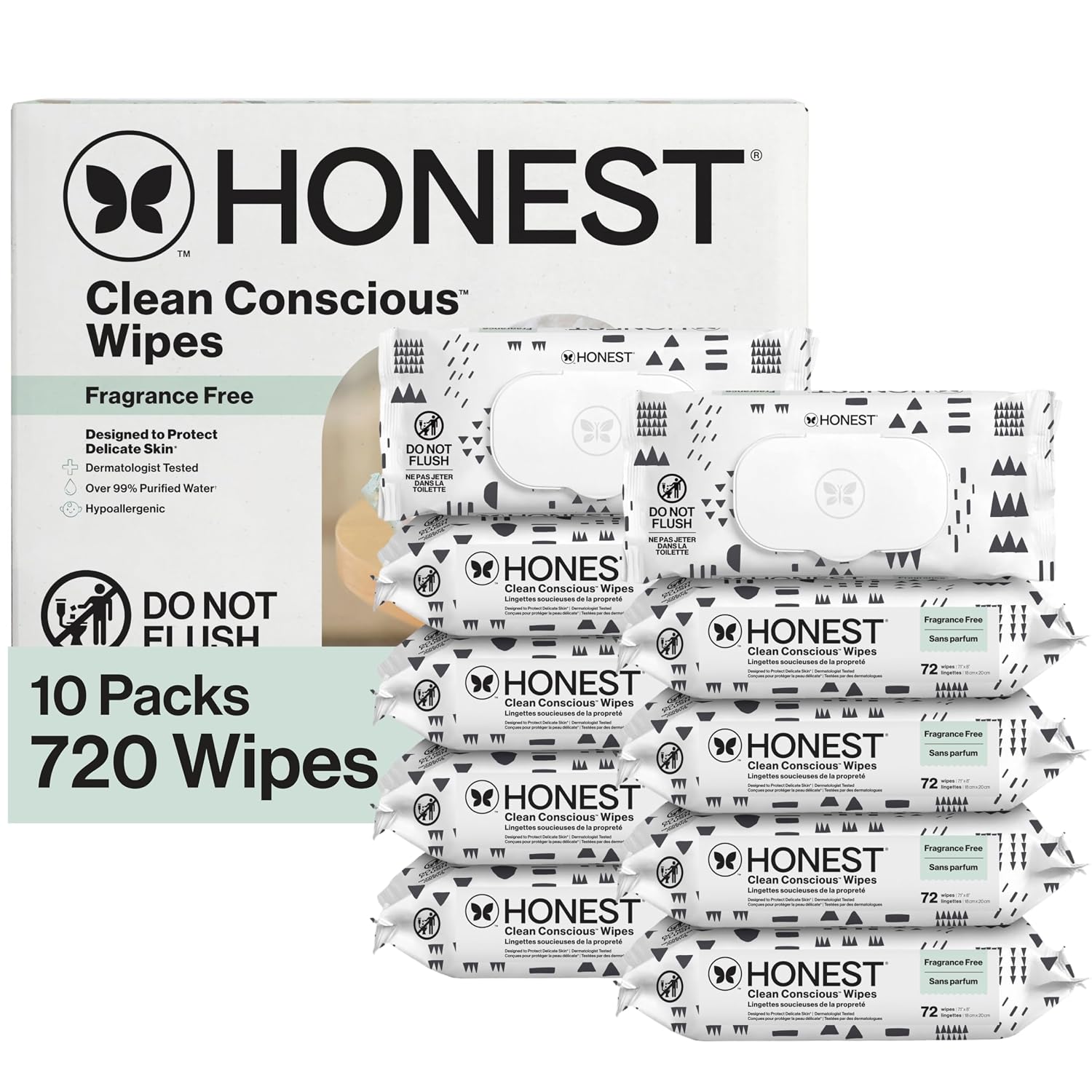 The Honest Company Multi-Use Baby Wipes in Pattern Play design, 720-count pack for everyday baby-care cleanup.