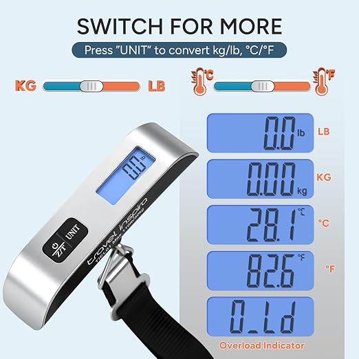 Travel Inspira Digital Luggage Scale Portable Hanging Suitcase Weight Scale 110 lb Capacity with Backlit LCD Display