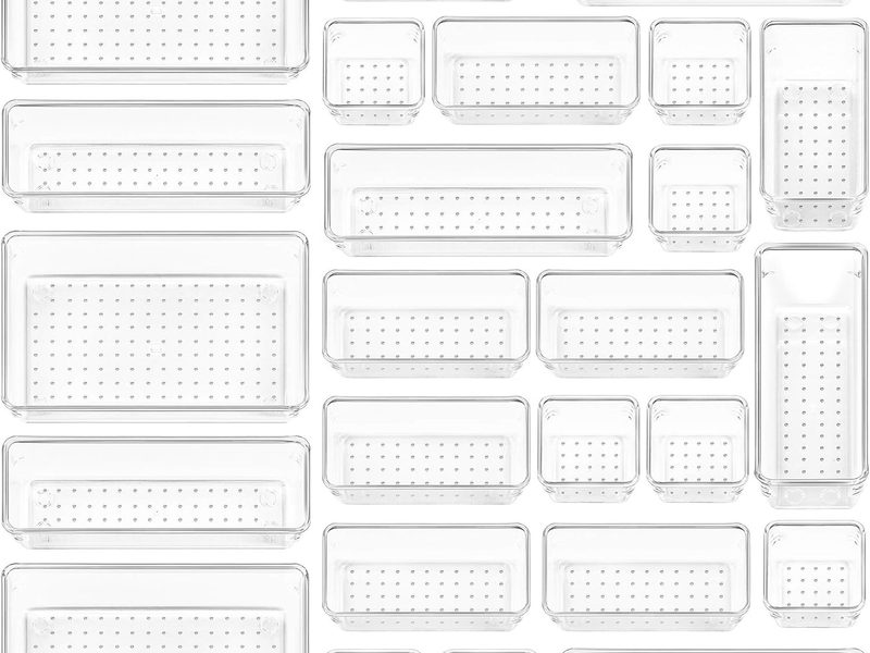 Vtopmart 25-piece clear plastic drawer organizer set with four sizes for makeup, bathroom vanity, kitchen utensils, bedroom, and office storage.