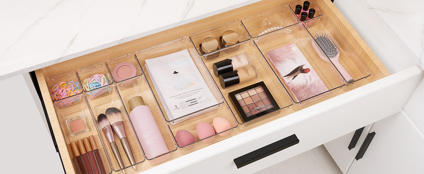 Vtopmart 25-piece clear plastic drawer organizer set with four sizes for makeup, bathroom vanity, kitchen utensils, bedroom, and office storage.