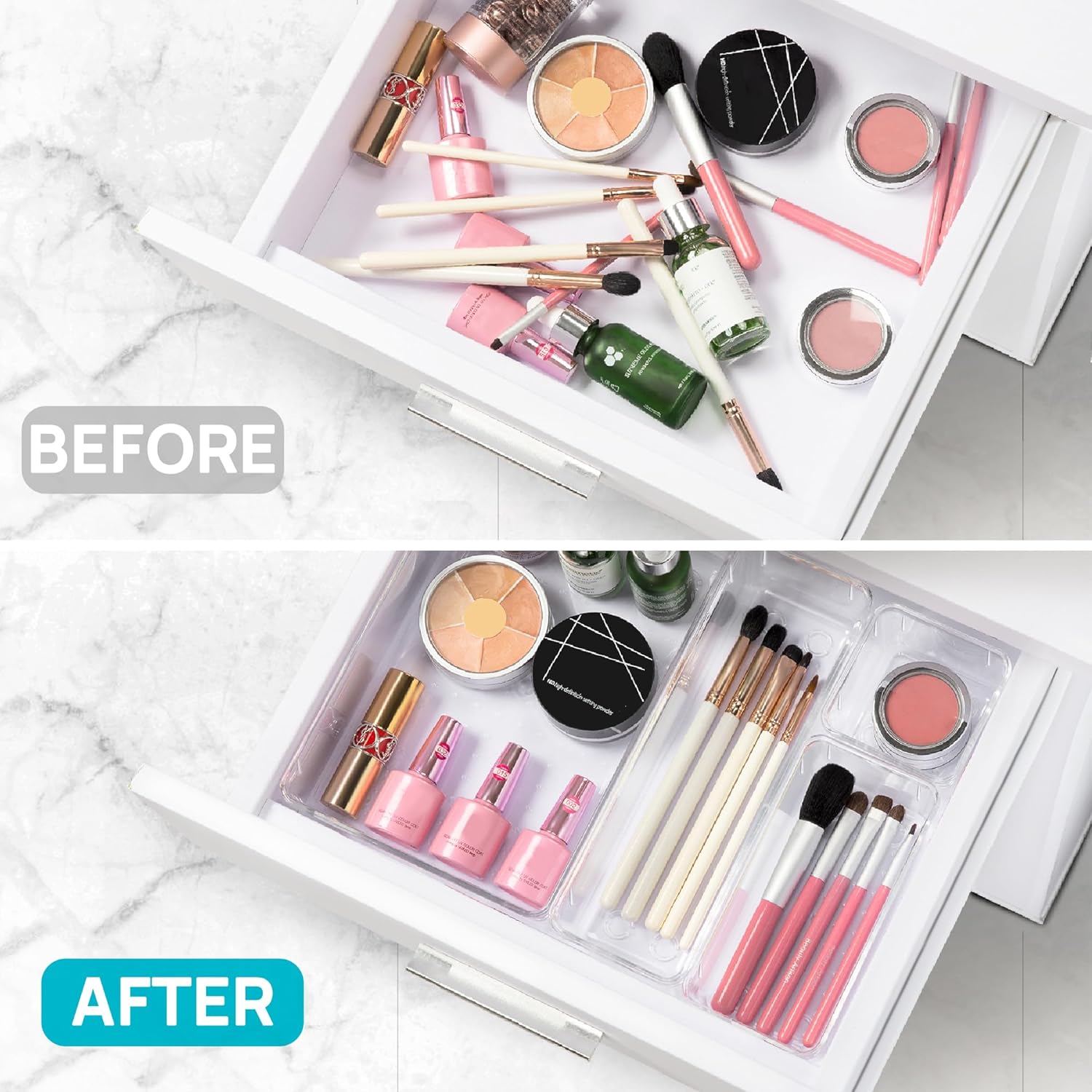Vtopmart 25-piece clear plastic drawer organizer set with four sizes for makeup, bathroom vanity, kitchen utensils, bedroom, and office storage.