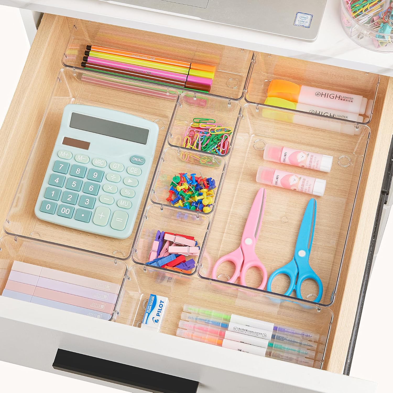 Vtopmart 25-piece clear plastic drawer organizer set with four sizes for makeup, bathroom vanity, kitchen utensils, bedroom, and office storage.