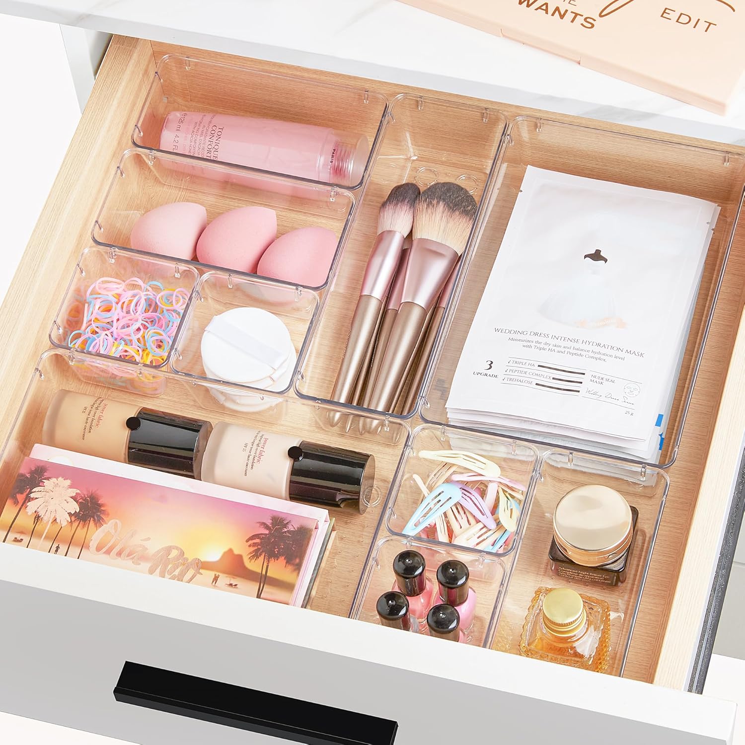 Vtopmart 25-piece clear plastic drawer organizer set with four sizes for makeup, bathroom vanity, kitchen utensils, bedroom, and office storage.