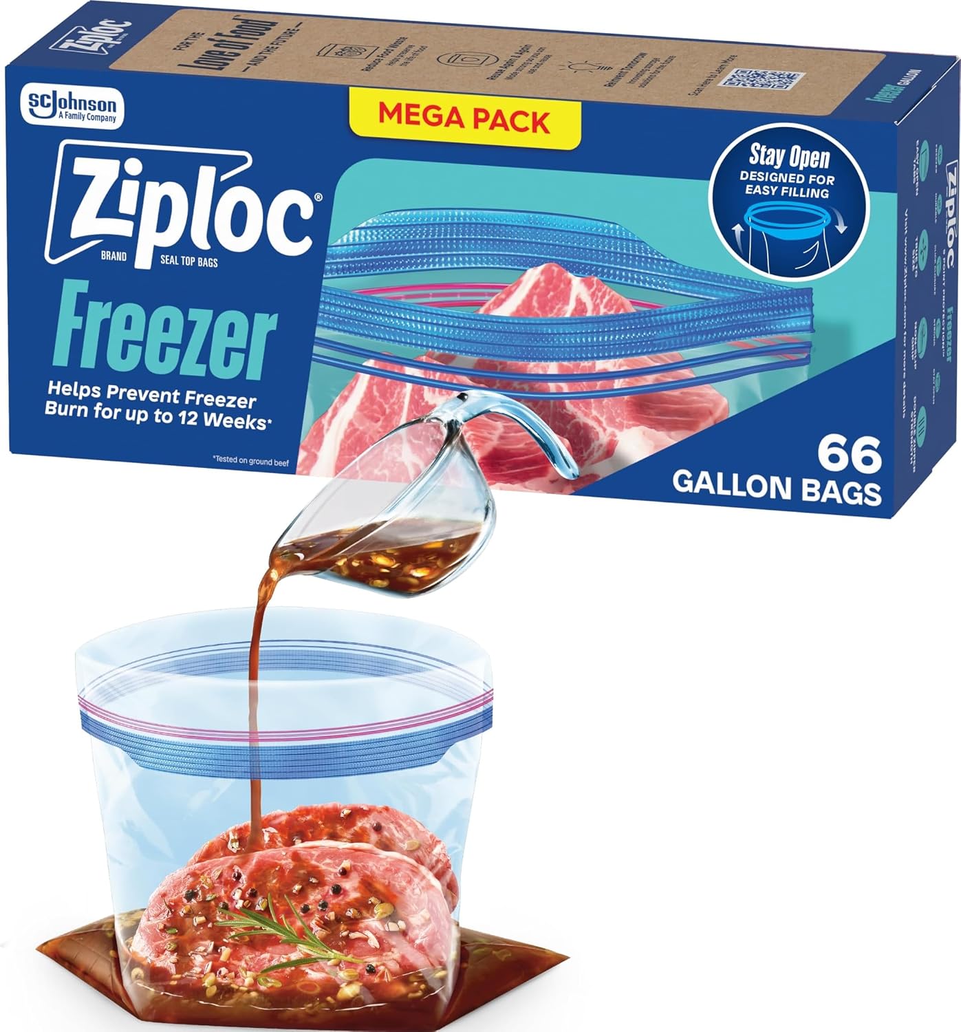 Ziploc gallon freezer bags with stand-up bottom, 66-count pack for food storage and freezer organization.